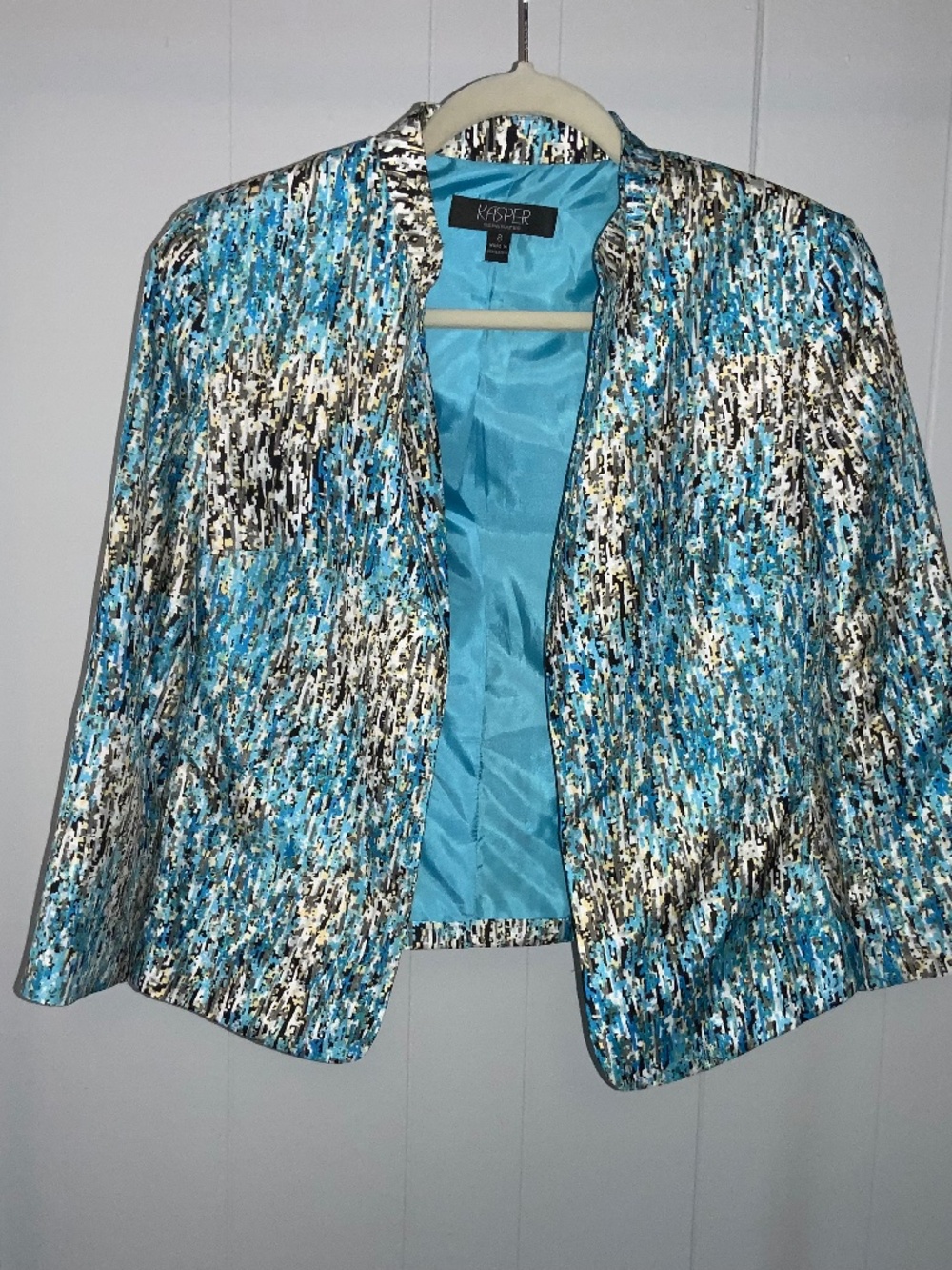 Kasper turquoise watercolor cropped open front jacket Sz 8 lined